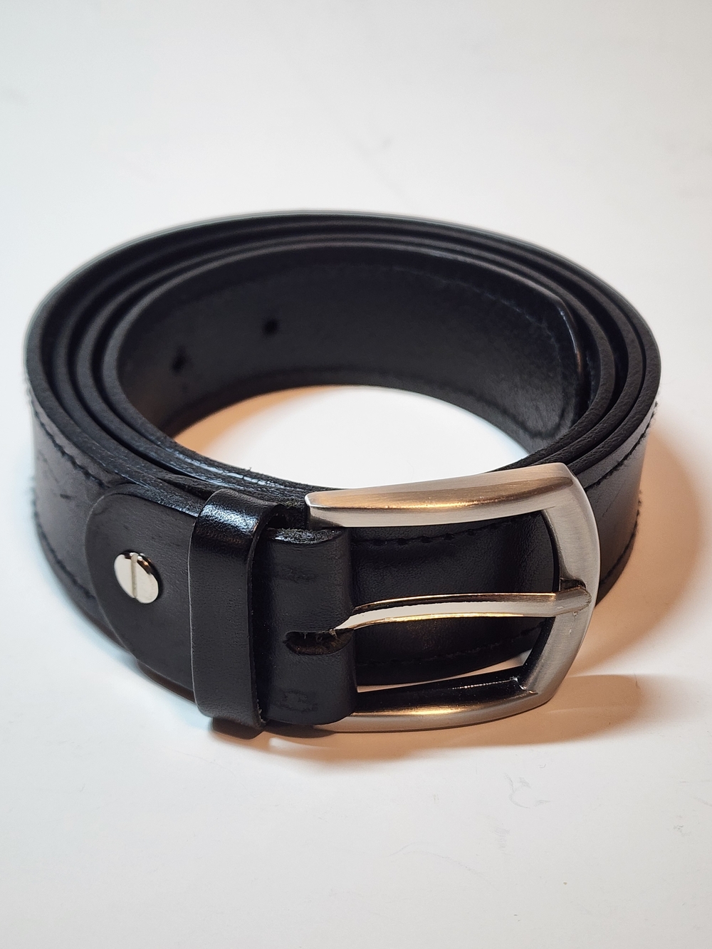 46.5" Classic Black Leather Men's Belt with Silver Tone Buckle Made In Italy
